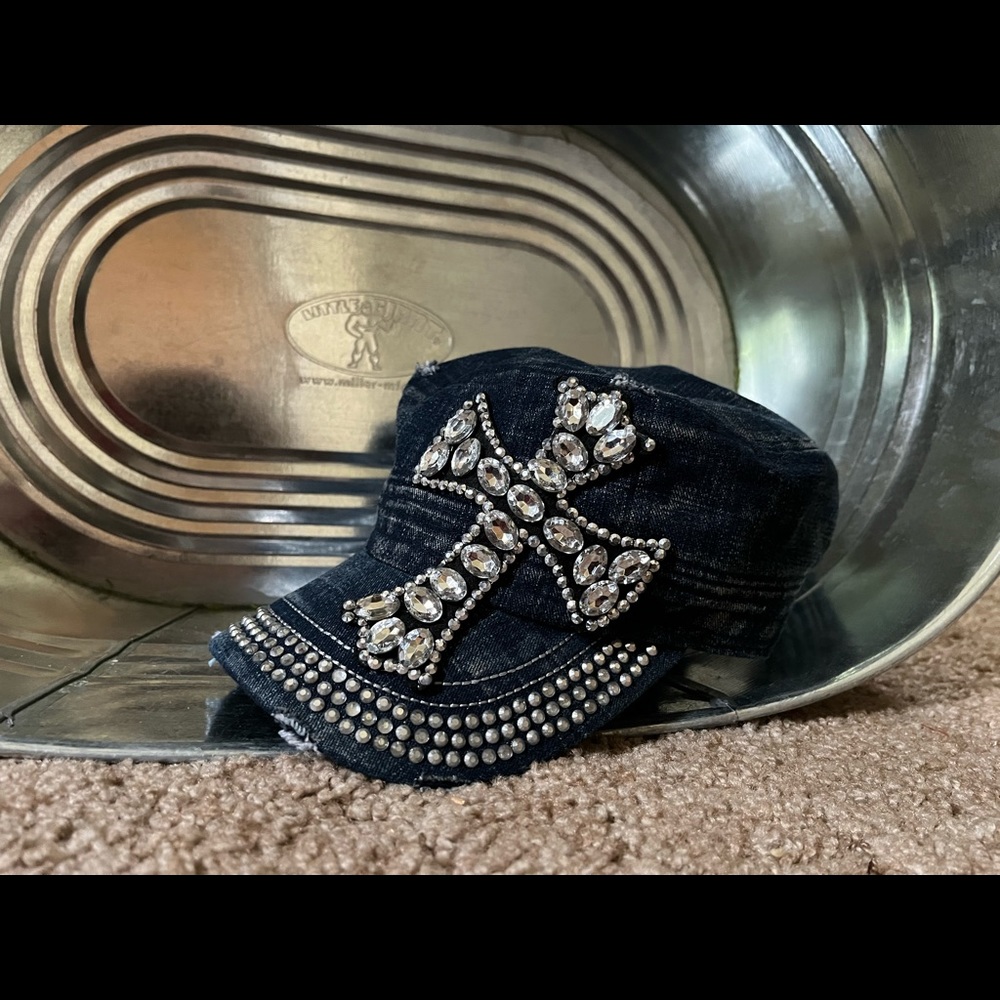 Rhinestone Cross Cadet Jean Cap- One Size